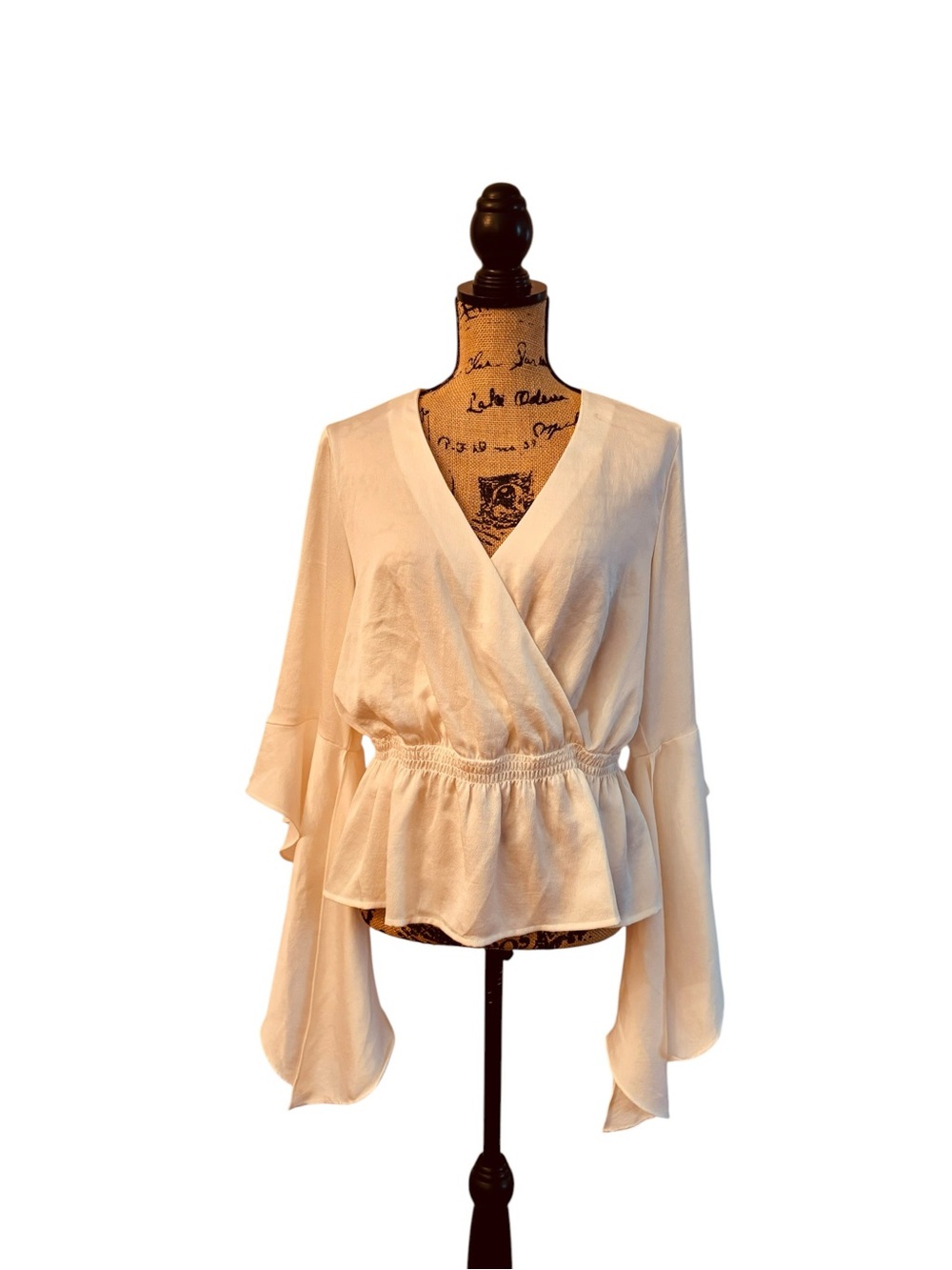 Express Cream Wrap Peplum Blouse with Flare Sleeves